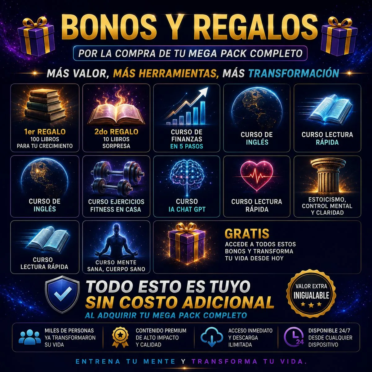 Bonos y regalos incluidos por la compra de tu Mega Pack completo: libros de crecimiento, curso de finanzas, inglés, fitness, IA, lectura rápida, estoicismo y control mental